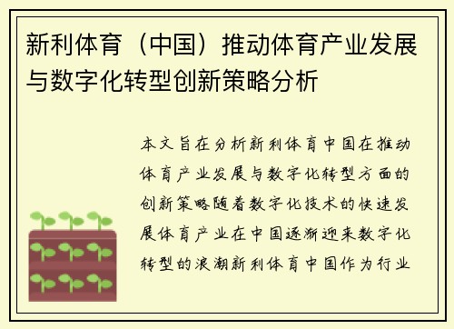 新利体育（中国）推动体育产业发展与数字化转型创新策略分析